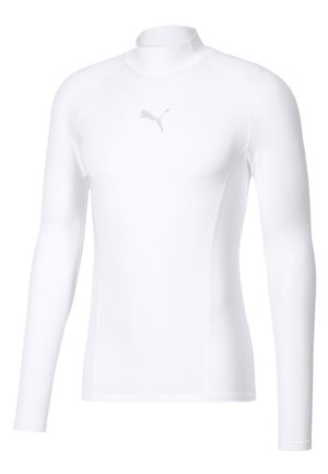 Witte lange mouwen sportshirt met een hoge kraag, gemaakt van rekbare stof; heeft een subtiele grijze logo op de linker borst.