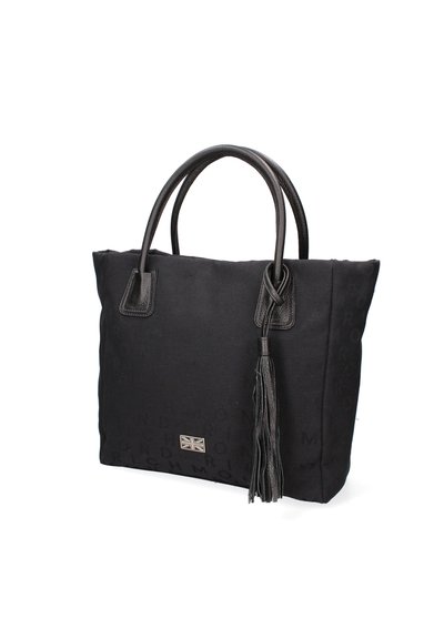 Sac fourre-tout noir en tissu avec une surface texturée, des poignées en cuir et un long pendant en forme de frange. Présente une plaque logo en argent à l'avant.