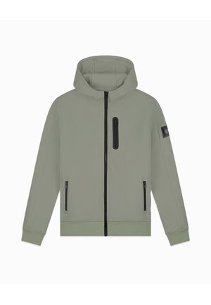 Lichtgroene capuchonjas met ritssluiting aan de voorkant, drie met ritsen afgesloten zakken en een embleem op de bovenkant van de linker-mouw.