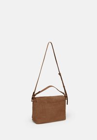 Brown suede shoulder bag with a long adjustable strap, featuring a flat design and simple stitching without visible hardware details.