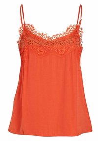 Orange linne med spetsdetaljer längs halsringningen, tunna justerbara band och ett flödande, lätt tyg.