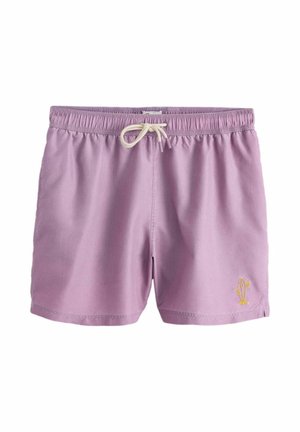 Lavendliujate ujumispüksid elastse vööga, valge paelaga ja väikese kollase lainelaudade tegelase logoga vasakul jalal.