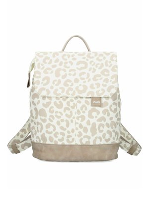 Sac à dos avec imprimé léopard beige et blanc, fermeture à rabat, poignée supérieure, bretelles réglables et panneau de base marron clair.