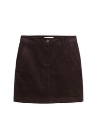 Jupe en velours côtelé marron foncé avec une coupe droite, poches avant et une fermeture à bouton unique à la taille.