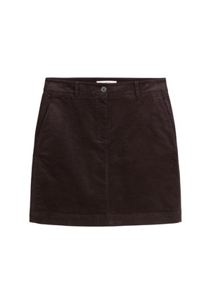 Jupe en velours côtelé marron foncé avec une coupe droite, poches avant et une fermeture à bouton unique à la taille.