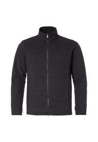 Giacca in fleece nera con colletto alto, zip frontale e tasche laterali; presenta una texture liscia e sinuosa senza fantasie.