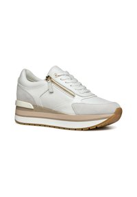 Sneaker bianco realizzato in pelle e suede, con un corpo testurizzato, dettagli con zip e una suola in beige con piattaforma e battistrada in gomma.