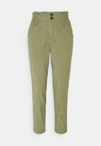 Zielone oliwkowe spodnie z wysokim stanem, elastycznymi panelami bocznymi, dwoma przednimi guzikami, przednimi kieszeniami i zwężanymi nogawkami.