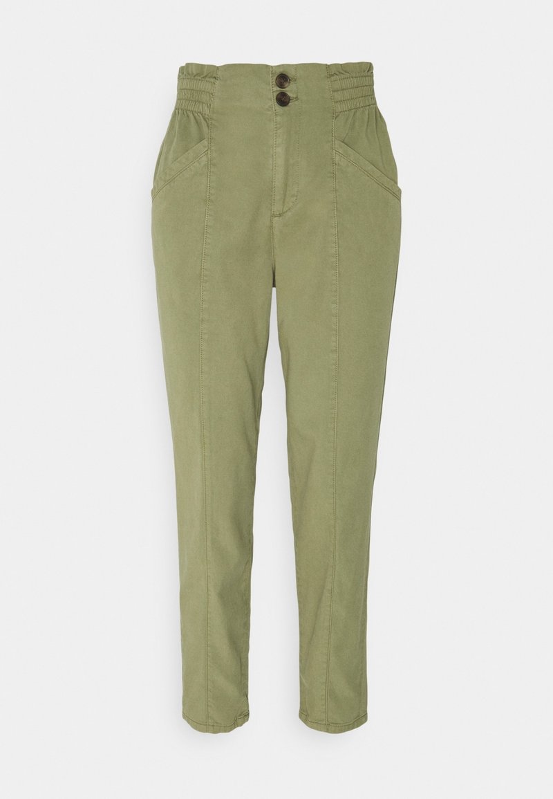 Zielone oliwkowe spodnie z wysokim stanem, elastycznymi panelami bocznymi, dwoma przednimi guzikami, przednimi kieszeniami i zwężanymi nogawkami.