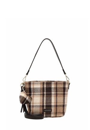 Petit sac à main avec un motif à carreaux marron et beige, des poignées noires et un porte-clés en forme de cœur assorti.