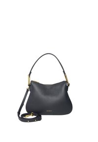 Borsa a spalla in pelle nera con design curvo, dettagli in metallo dorato e tracolla regolabile. Presenta una chiusura con zip e una finitura strutturata.