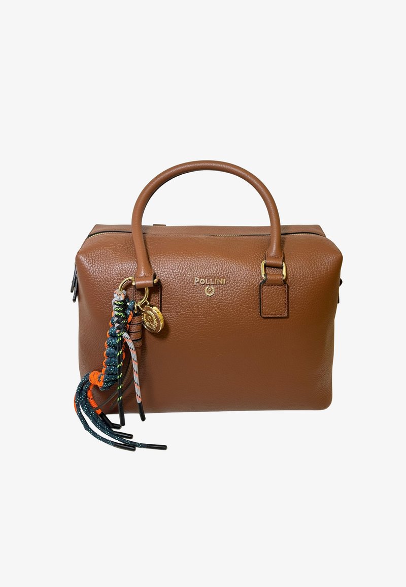 Borsa a mano in pelle marrone con manici superiori, dettagli in metallo dorato e nappina intrecciata multicolore. Chiusura con cerniera nella parte superiore.