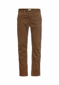Pantalon en velours côtelé marron avec passants pour ceinture, bouton frontal et fermeture éclair, présenté sur un fond blanc.