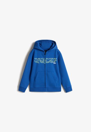 Modrá mikina s kapucí na zip, s šňůrkou, předními kapsami a grafickým potiskem se skateboardovými prvky v žluté barvě. Měkký textilní materiál.