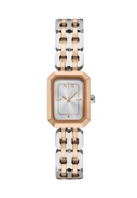 Obdélníkový stříbrný hodink s růžovými zlatými akcenty, s kovovým páskem a minimalistickým ciferníkem s hodinovými značkami a ručičkami.