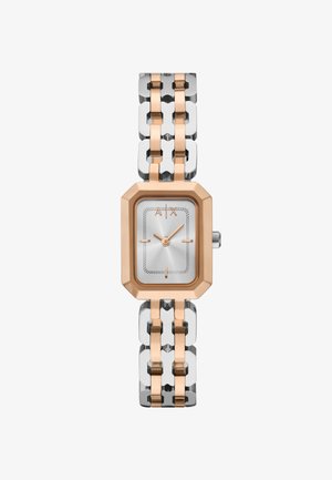 Orologio rettangolare argentato con accenti in oro rosa, caratterizzato da un design con bracciale metallico e un quadrante minimale con indicatori delle ore e lancette.