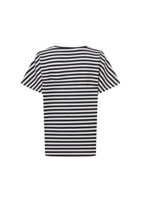 Gestreiftes T-Shirt in Marineblau und Creme mit kurzen Ärmeln, Rundhalsausschnitt und geradem Saum. Hergestellt aus einem weichen, leichten Stoff.