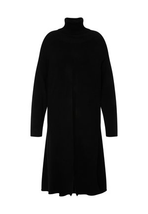 Zwarte coltrui jurk, lange mouwen, knielengte, ribbelstructuur, gespleten voorkant ontwerp, zachte gebreide stof.