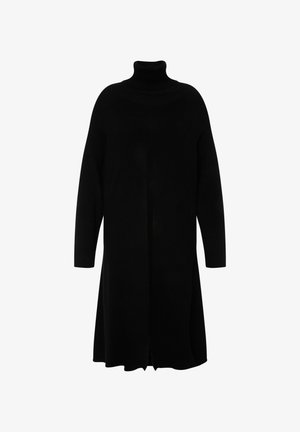Zwarte coltrui jurk, lange mouwen, knielengte, ribbelstructuur, gespleten voorkant ontwerp, zachte gebreide stof.