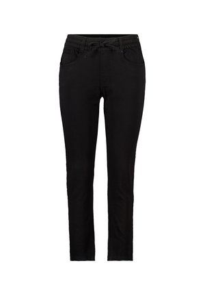 Zwarte slim-fit broek met een elastische tailleband en koord, voorzien van steekzakken en riemlussen.