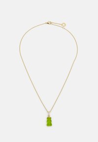 Χρυσή αλυσίδα κρεμαστός λαιμός με κρεμαστό γλυκό αρκουδάκι σε πράσινο χρώμα, με γυαλιστερή επιφάνεια και λεπτή υφή. Λεπτοί σύνδεσμοι και κλείσιμο με σύσπαση.