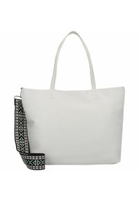 Witte draagtasje met twee lange handvatten. Bevat een decoratieve riem met zwarte en groene geometrische patronen. Glad, duurzaam materiaal.