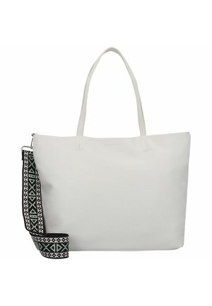 Sac fourre-tout blanc avec deux longues poignées. Présente une sangle décorative avec des motifs géométriques noirs et verts. Matériau lisse et durable.