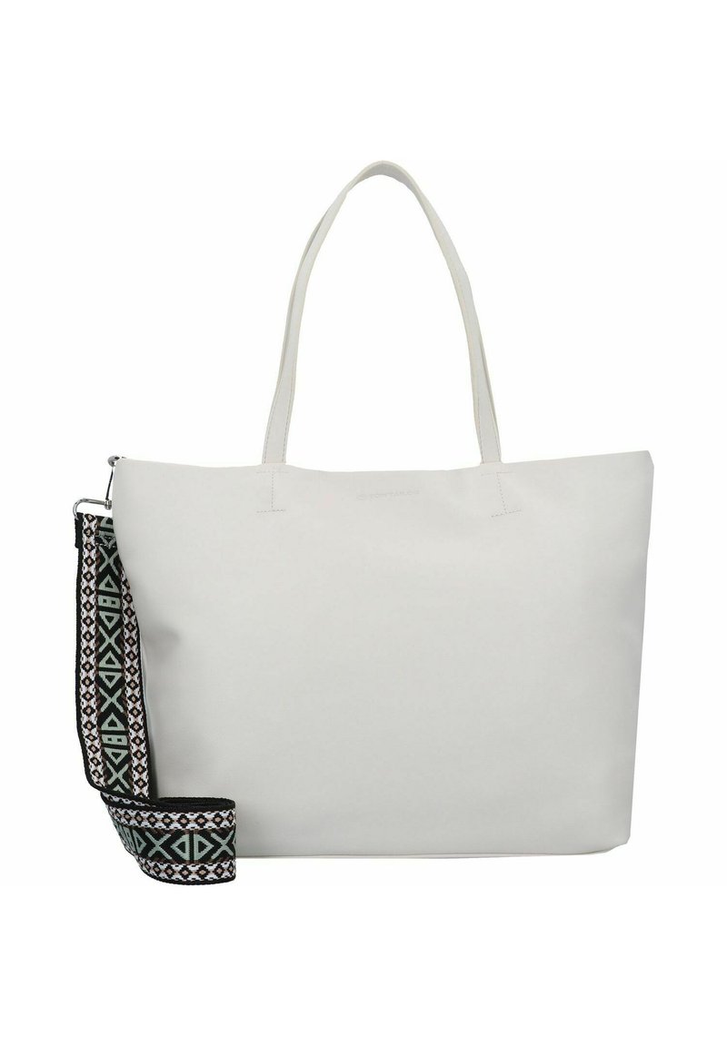 Witte draagtasje met twee lange handvatten. Bevat een decoratieve riem met zwarte en groene geometrische patronen. Glad, duurzaam materiaal.