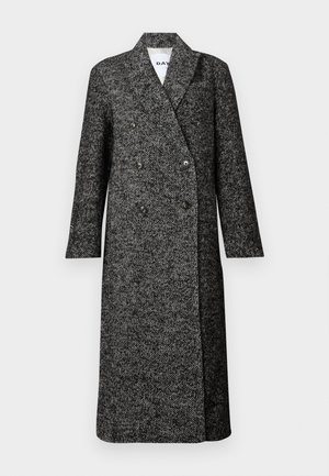 Pikk tumehall herringbone villane mantel, topelt nööpidega ja sakilise kraega.
