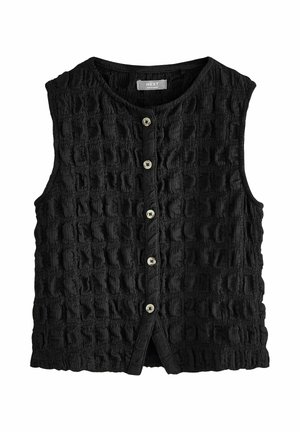 Schwarze ärmellose, strukturierte Bluse mit rundem Ausschnitt und fünf Knöpfen vorne, mit dem Etikett "NEXT" und hergestellt in der Türkei.