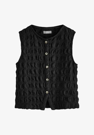 Schwarze ärmellose, strukturierte Bluse mit rundem Ausschnitt und fünf Knöpfen vorne, mit dem Etikett "NEXT" und hergestellt in der Türkei.