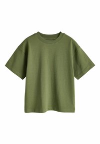 Olivgrünes T-Shirt mit kurzen Ärmeln aus Baumwolle, mit rundem Ausschnitt und lässigem Schnitt, glatter Textur und ohne sichtbare Muster.