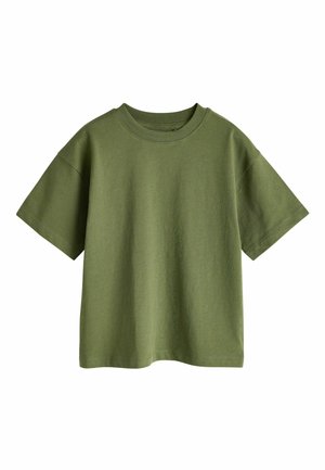 Olivgrünes T-Shirt mit kurzen Ärmeln aus Baumwolle, mit rundem Ausschnitt und lässigem Schnitt, glatter Textur und ohne sichtbare Muster.