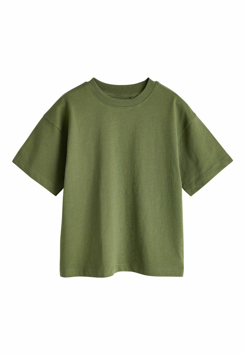 Olivgrünes T-Shirt mit kurzen Ärmeln aus Baumwolle, mit rundem Ausschnitt und lässigem Schnitt, glatter Textur und ohne sichtbare Muster.