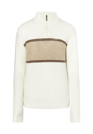 Cream sweater with a high collar, featuring a textured knit design. A horizontal beige stripe across the chest adds a contrasting detail.