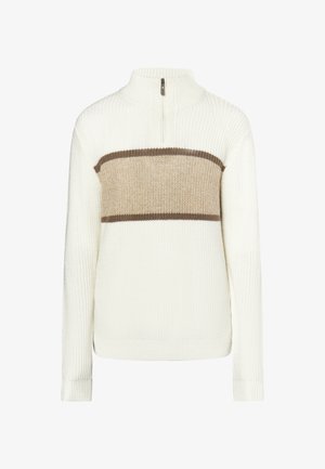 Kreemne sviiter kõrge kraega, millel on tekstuuriga kudumisdisain. Rinna piirkonnas on horisontaalne beež triip, mis lisab kontrastset detaili.