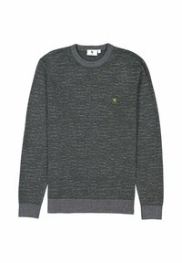 Grijze gebreide trui met een textuurpatroon, ronde halslijn en ribgebreide manchetten. Bevat een klein groen logo-opdruk op de voorkant.