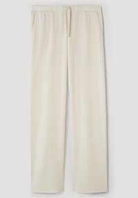 Krämfärgade, mjuka loungebyxor i tyg med elastisk midja, justerbar dragsko och sidofickor; rak bendesign.