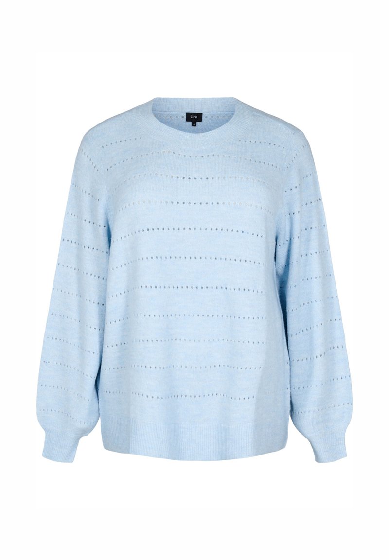 Gaiši zils adīts džemperis ar vertikālām svītrām un maziem izgriezumiem, apaļu apkakli un garām, nedaudz pūkainām piedurknēm.