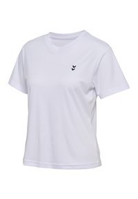 Weißes Kurzarm-T-Shirt mit Rundhalsausschnitt und kleinem schwarzem Doppel-Chevron-Logo auf der linken Brust, aus glattem, leichtem Stoff.