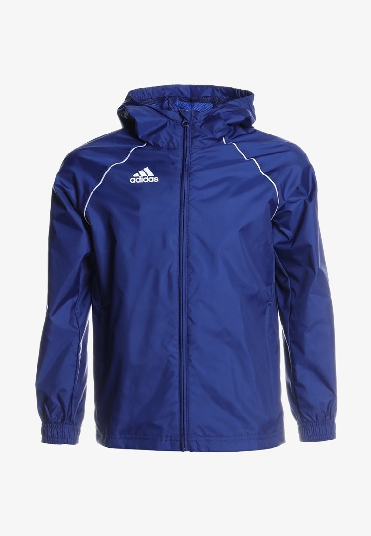 Marineblauw Adidas windjack met een ritssluiting aan de voorkant, elastische manchetten en witte accenten langs de schouders en capuchon.