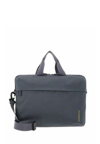 Sacoche d'ordinateur portable en tissu gris avec fermeture éclair, double anses supérieures, sangle d'épaule réglable et poche avant zippée. Présente un motif en mesh subtil.