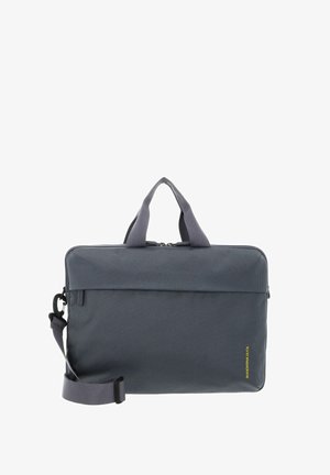 Sacoche d'ordinateur portable en tissu gris avec fermeture éclair, double anses supérieures, sangle d'épaule réglable et poche avant zippée. Présente un motif en mesh subtil.