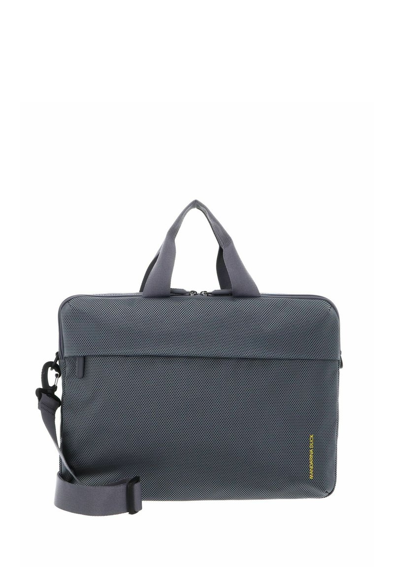 Sacoche d'ordinateur portable en tissu gris avec fermeture éclair, double anses supérieures, sangle d'épaule réglable et poche avant zippée. Présente un motif en mesh subtil.