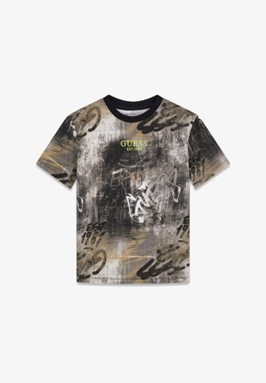 Grafisches T-Shirt mit kurzen Ärmeln in Schwarz-, Beige- und Grautönen. Mit abstrakten Mustern und dem Logo "GUESS EST. 1981" in Neon-Gelb.
