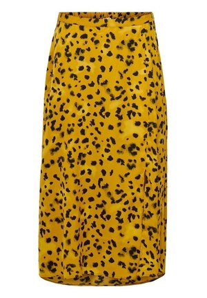 Jupe midi jaune avec motif léopard noir et une légère fente latérale.