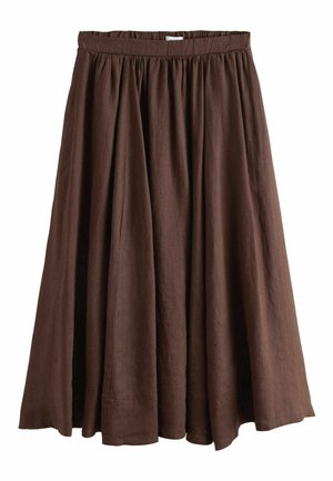 Brauner, knielanger Rock im A-Linien-Stil mit gerafftem elastischem Bund und weicher Stofftextur.