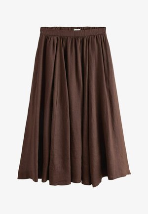 Brown, knee-length A-line skirt with gathered elastic waistband and soft fabric texture.