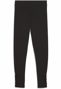 Černé legíny vyrobené z měkkého, pružného materiálu s přiléhavým střihem, s nařasením na kotnících pro zvýšení vizuálního zájmu.