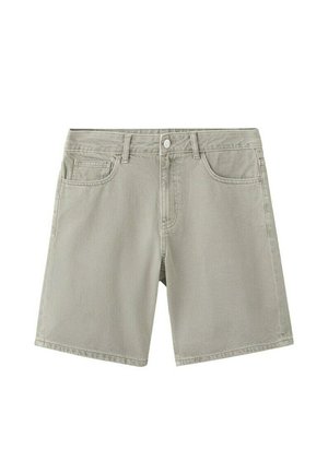 Shorts en jean gris clair avec bouton et fermeture éclair à l'avant, passants pour ceinture, poches avant et poche monnaie.